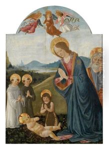 Die Anbetung Des Kindes Mit Der Madonna, Dem Heiligen Johannes Dem Taufer, Dem Heiligen Joseph, Einem Augustiner- Und Einem Benediktinermonch Und Drei Engeln Vor Einer Weiten Fluslandschaft by Gherardo di Giovanni