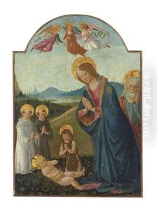 The Adoration With The Virgin, Saints John The Baptist And Joseph, With An Augustine And A Benedictine Monk And Three Angels... by Gherardo di Giovanni