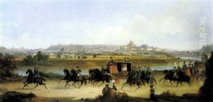The Pope Leaving Rome For Castel Gandolfo Passing By Ponte Milvio by Vincenzo Giovannini