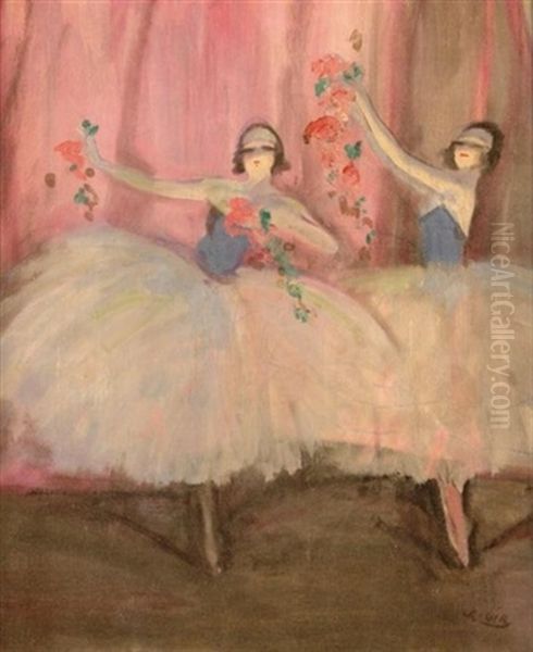 Ballerinas Auf Der Buhne, Blumenbouquets In Handen Haltend - view 1
