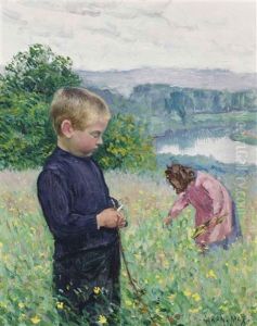 Children Picking Flowers By The River by Leon Giran-Max