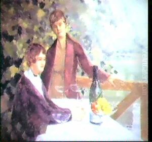 Femmes Sur La Terrasse Devant Le Lac by Leon Giran-Max