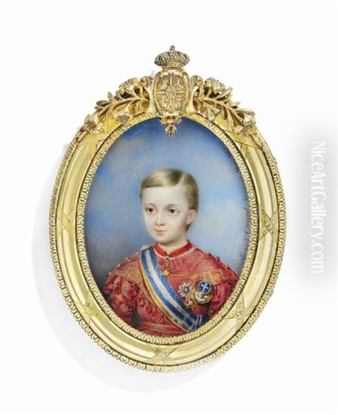 Alfonso Xii (1857-1885), King Of Spain, When Prince Of The Asturias, In Red Ceremonial Dress With Gold Key-pattern Border, Wearing The Jewel Of The Order Of The Golden Fleece - view 1