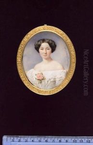 A Lady Probably Wearing Her Wedding Dress, With White Wide Falling Collar, A Pink Rose At Her Corsage
