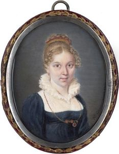 Portrait Einer Jungen Frau Im Dunkelblauen Kleid Mit Aufgestelltem Spitzenkragen