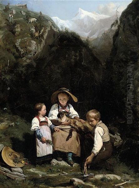 Three Young Children In An Alpine Landscape Nursing An Injured Goat - view 1