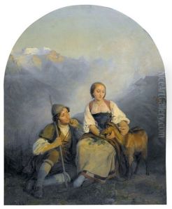 Junges Hirtenpaar Mit Ziege Vor Gebirgslandschaft