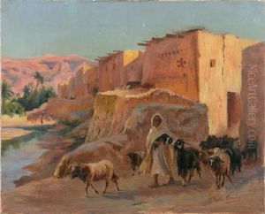 Bergere Et Son Troupeau Sortant D'un Village by Eugene Alexis Girardet