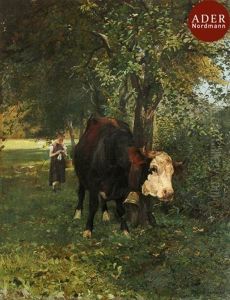 Fillette Et Sa Vache by Eugene Alexis Girardet
