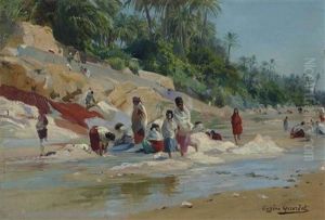 Les Lavandieres Au Bord De L'oued by Eugene Alexis Girardet