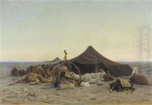 Rastende Beduinen Und Kamele In Der Wuste by Eugene Alexis Girardet