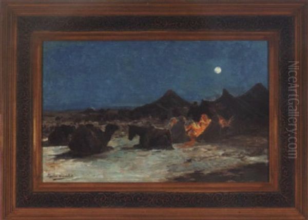 Desert Caravan Encampment By Moonlight - view 1