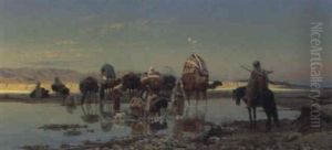 An Aran Caravan Crossing A Ford