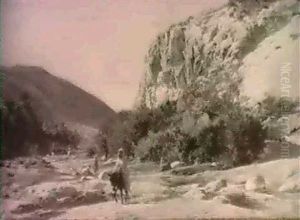 Washerwomen And A Man On A Donkey In A North-african        Landscape by Eugene Alexis Girardet