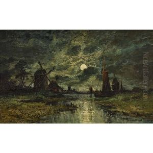 Flusslandschaft Im Mondschein Mit Windmuhlen by Henri Girardet