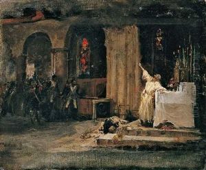 Szene Aus Der Franzosischen Revolution - In Eine Kirche Eindringende Sansculotten Werden Von Einem Priester Aufgehalten by Jules Girardet