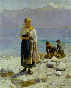 Jeune Mere Avec Son Enfant Au Bord Du Lac Leman by Jules Girardet