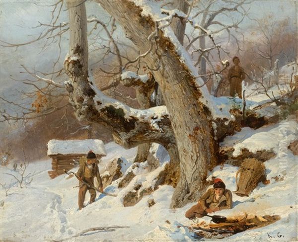 Winter Landscape With A Boy By A Fire - view 1
