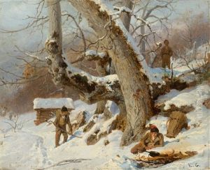 Winter Landscape With A Boy By A Fire by Karl Girardet