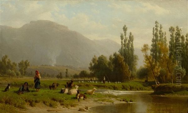 Paysage Avec Troupeau Au Bord D'une Riviere - view 1