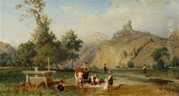 Shepherds And Laundresses At A River - view 1