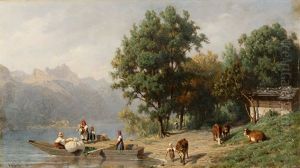 Seeufer Mit Kuhen Und Bauernfamilie Beim Beladen Eines Bootes