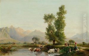 Landscape Near Interlaken With Cows Drinking And Sheep by Karl Girardet