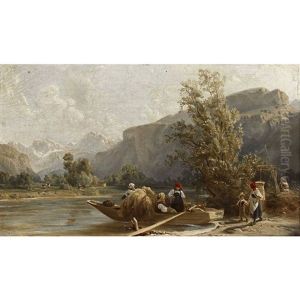 Sommerliche Landschaft Mit Bauerinnen Und Kahn Am Ufer Sommerliche Landschaft Mit Bauerinnen Und Kahn Am Ufer