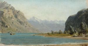 Mountain Lake With Boat by Karl Girardet