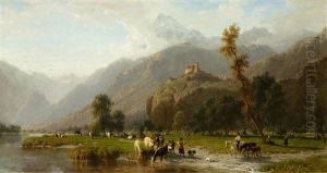 Mountain Landscape Of Ticino With Herdsmen By A River by Karl Girardet