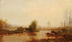 Bucolic Summer Landscape With Figures Along River Bucolic Summer Landscape With Figures Along River