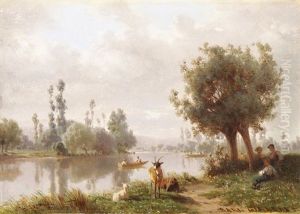 Ausblick Auf Einen See Mit Kindern, Ziegen Und Schafen Am Ufer Ausblick Auf Einen See Mit Kindern, Ziegen Und Schafen Am Ufer