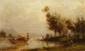 Landschaft Mit Einem Schiff Und Figuren An Einem See Landschaft Mit Einem Schiff Und Figuren An Einem See