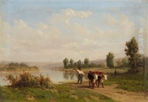 River Landscape With Shepherds And Cows by Karl Girardet