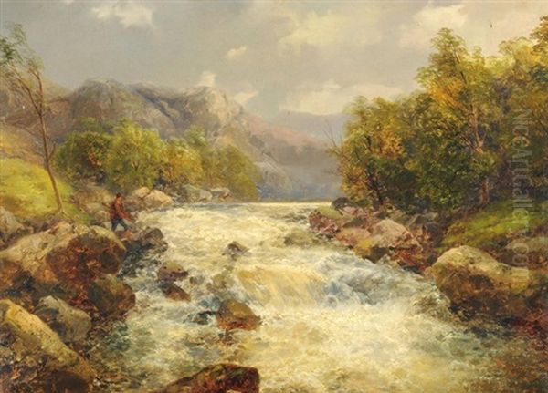 Voralpine Landschaft Mit Wildbach Und Fischer - view 1