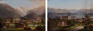 Village De La Region D'interlaken Et Vue D'une Ville En Bord De Lac Deux (2 Works) by Karl Girardet