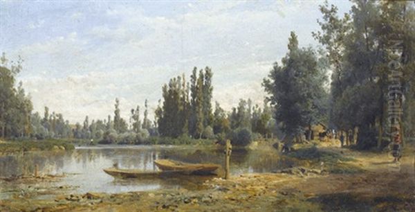 Sommerliche Flusslandschaft Mit Barken Und Einer Dame - view 1