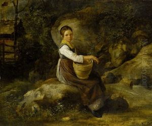 Auf Einem Stein Sitzendes Bauernmadchen Mit Einem Korb by Karl Girardet