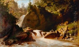 Berglandschaft Mit Rauschendem Gebirgsbach, Hirten Und Ziegen by Karl Girardet