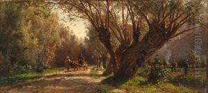 Baumbestandene Landschaft Mit Ochsenkarren Und Bauern by Karl Girardet
