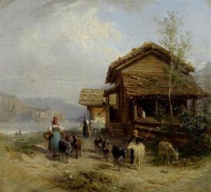Landschaft Mit Bauerinnen Und Ziegen Vor Hausern by Karl Girardet
