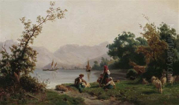 Schafhirten Vor Der Kulisse Eines Schweizerischen Gebirgssees - view 1