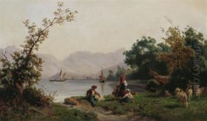 Schafhirten Vor Der Kulisse Eines Schweizerischen Gebirgssees by Karl Girardet