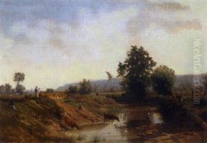 Sommerliche Landschaft Mit Vieh Und Bauerinnen