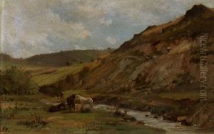 Sommerliche Weidenlandschaft Mit Pferden An Einem Bachlauf