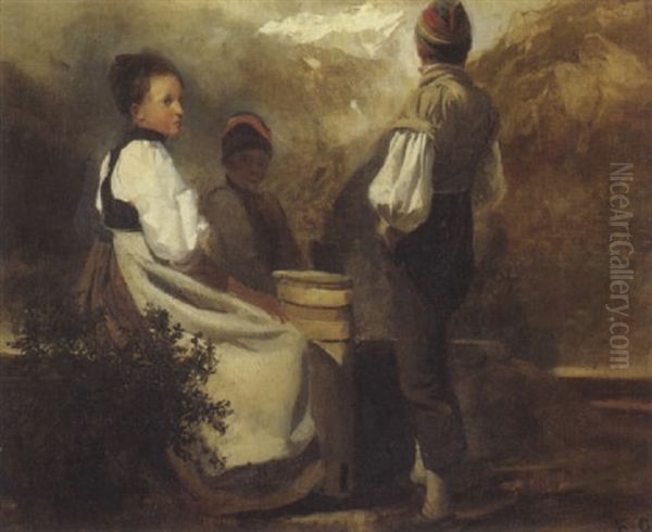 Frau Mit Zwei Kindern Und Bergkette Im Hintergrund - view 1