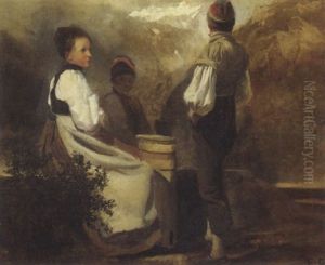 Frau Mit Zwei Kindern Und Bergkette Im Hintergrund Frau Mit Zwei Kindern Und Bergkette Im Hintergrund