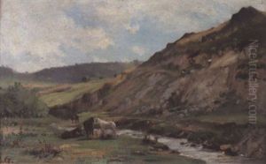 Sommerliche Landschaft Mit Pferden An Einem Bachlauf