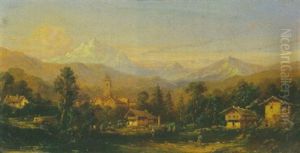 Ortschaft Mit Staffagefiguren Vor Einer Bergkette