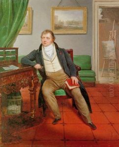 Portrait Of The Artist, Seated In An Interior Holding A Book And A Porte-crayon, A Landscape Painting On An Easel Behind by Alexandre Francois Louis (Comte de) Girardin